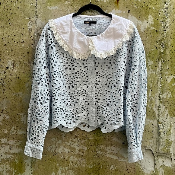 Maje Guipure Lace Top - Size 3 (Large, fits like Medium) Pale Blue / White - Picture 4 of 14
